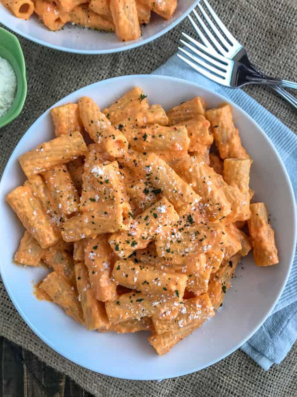 Roasted Red Pepper Rigatoni with Peanut Butter on Top