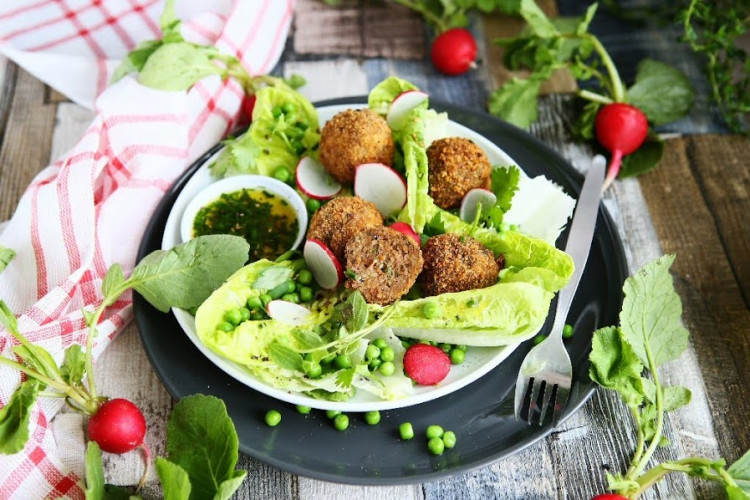 Crumbed Meatballs with Green Pea Salad