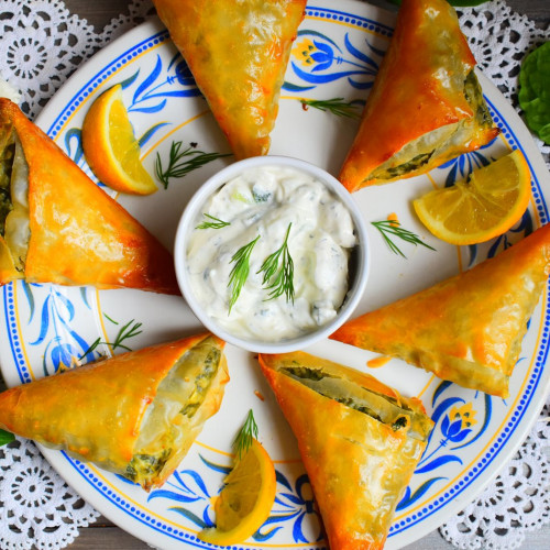 Spinach and Feta Filo Parcels with Tzatziki