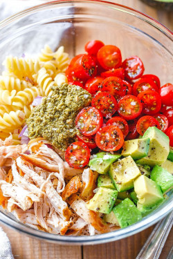 Chicken Pasta Salad Recipe with Pesto, Avocado, and Tomato